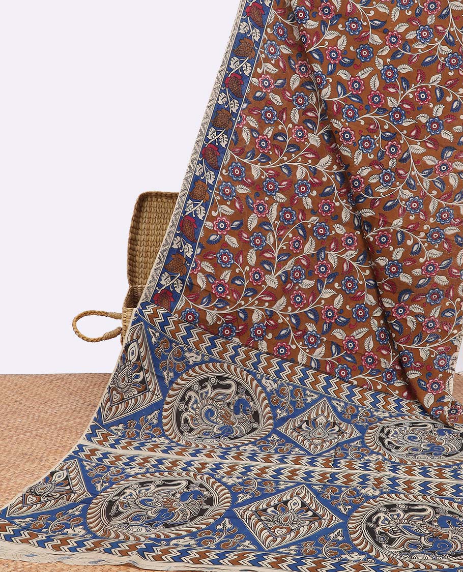Brown floral vine design machine printed kalamkari cotton saree with contrast floral border & intricate design pallu