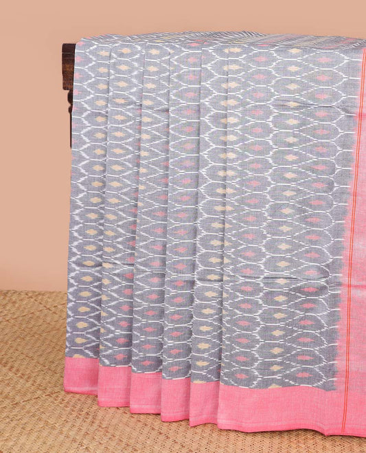 Grey jaal design ikkat cotton saree with contrast border & chevron design pallu