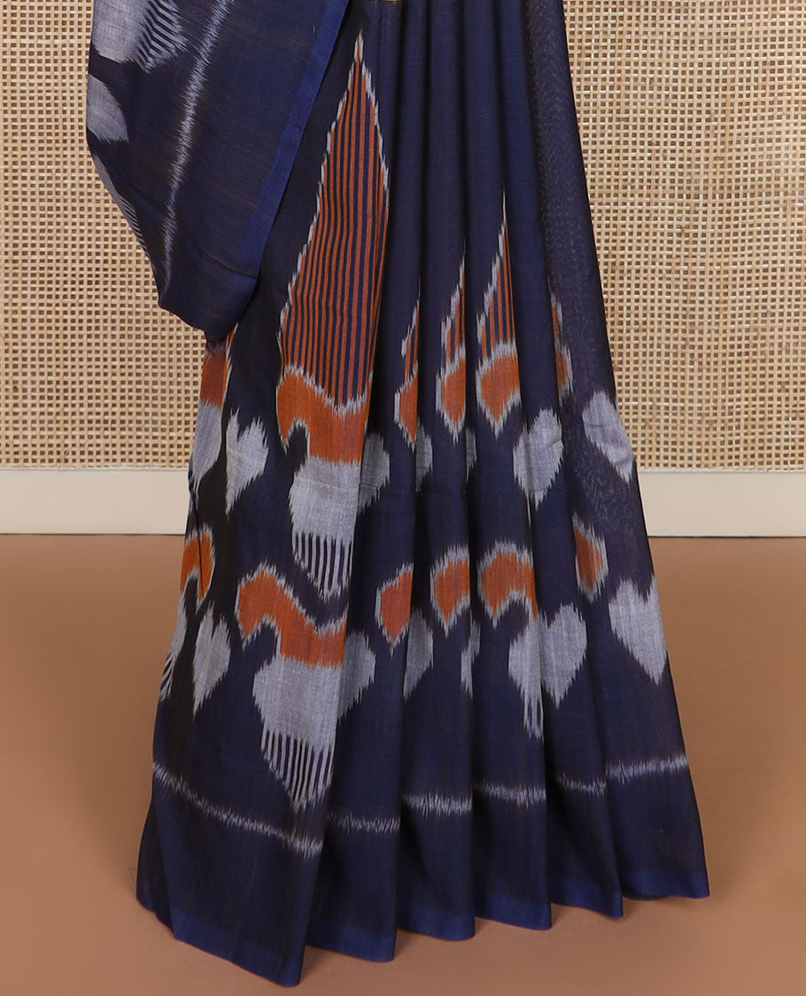 Blue-green intricately designed ikkat cotton saree, plain border & contrast ikkat design pallu