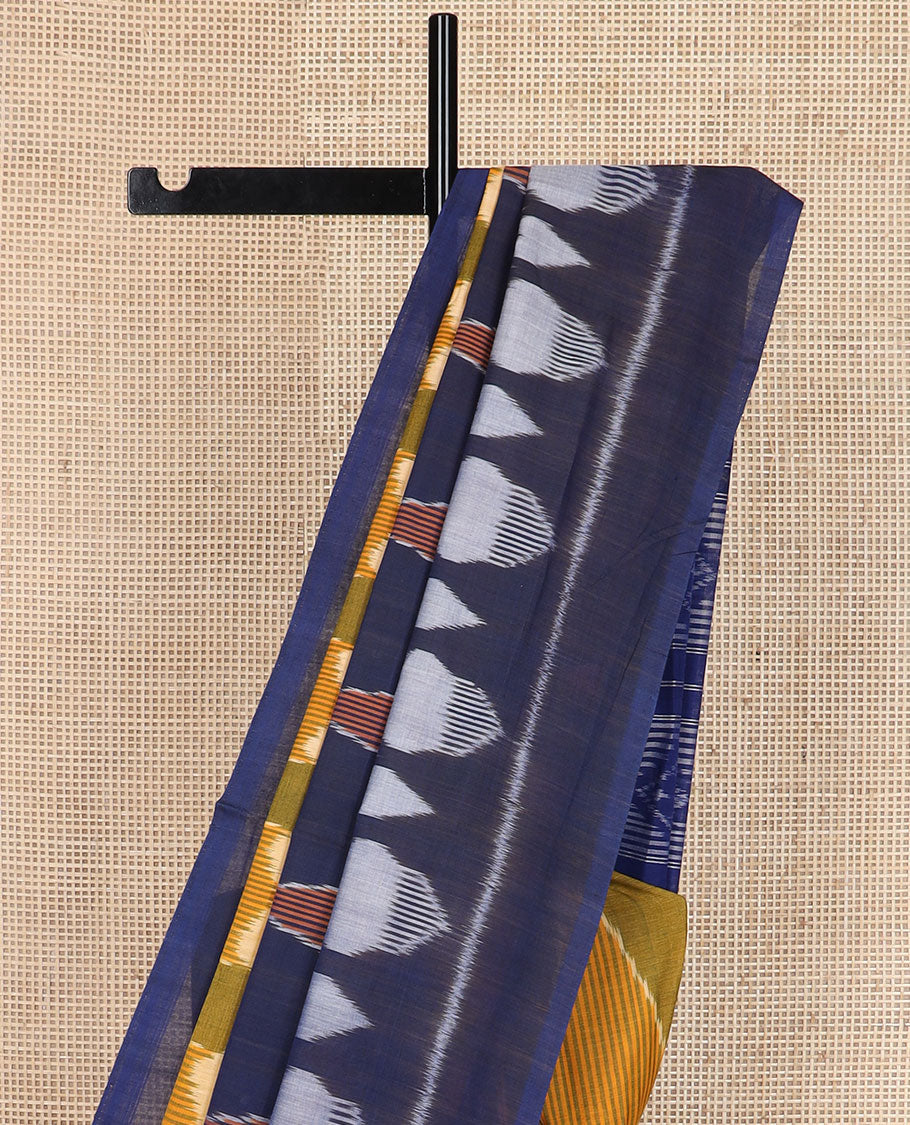 Blue-green intricately designed ikkat cotton saree, plain border & contrast ikkat design pallu