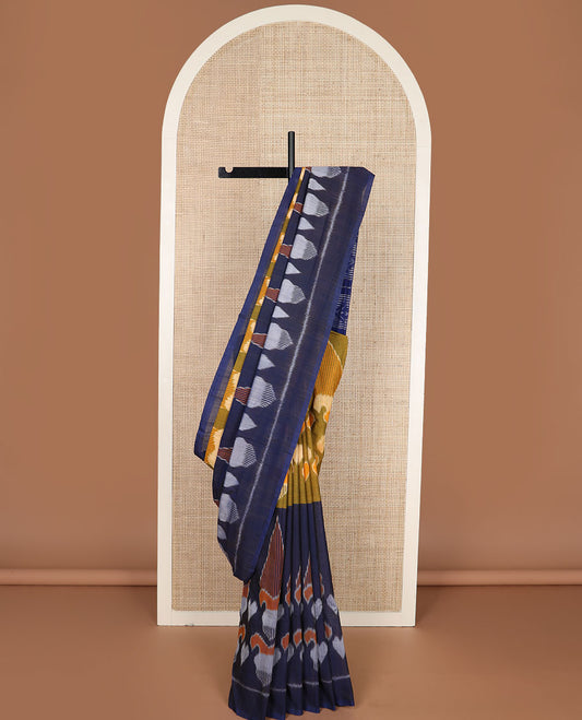 Blue-green intricately designed ikkat cotton saree, plain border & contrast ikkat design pallu