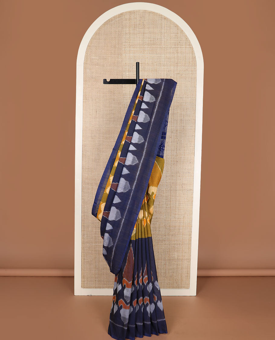Blue-green intricately designed ikkat cotton saree, plain border & contrast ikkat design pallu