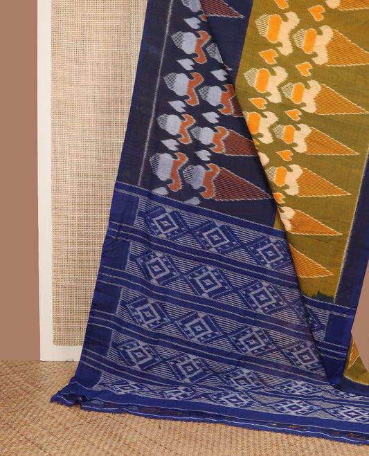Blue-green intricately designed ikkat cotton saree, plain border & contrast ikkat design pallu