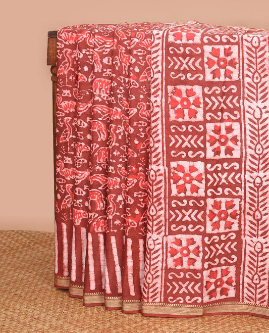 Red floral design chanderi cotton saree with self zari border & floral design pallu