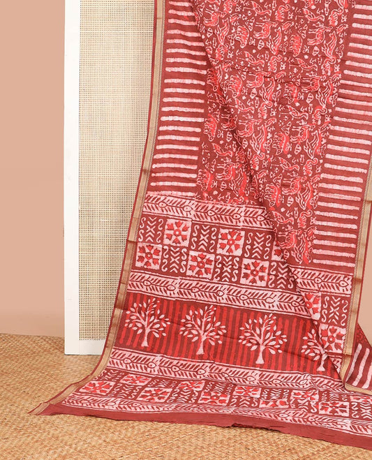 Red floral design chanderi cotton saree with self zari border & floral design pallu
