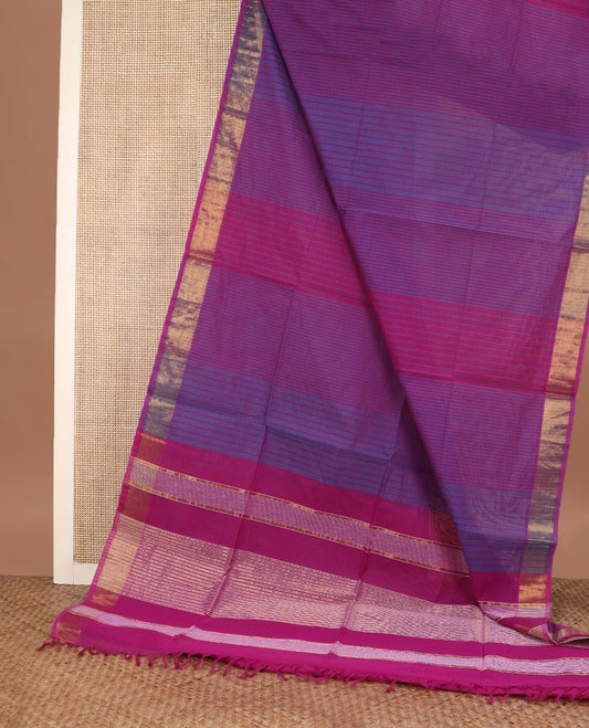 Purple thread vertical striped jute cotton saree, zari border and zari striped pallu