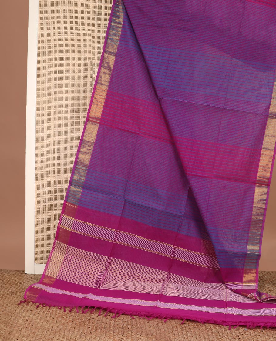 Purple thread vertical striped jute cotton saree, zari border and zari striped pallu