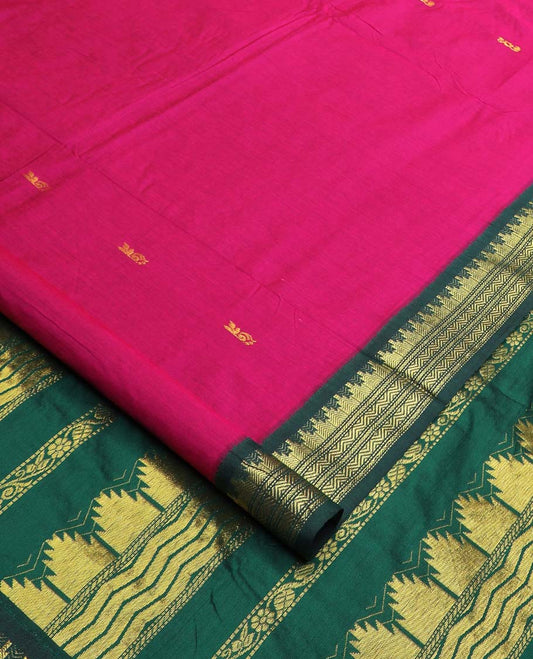 Pink buttas nine-yard cotton saree, contrast traditional zari border, and pallu steeped with traditional motifs