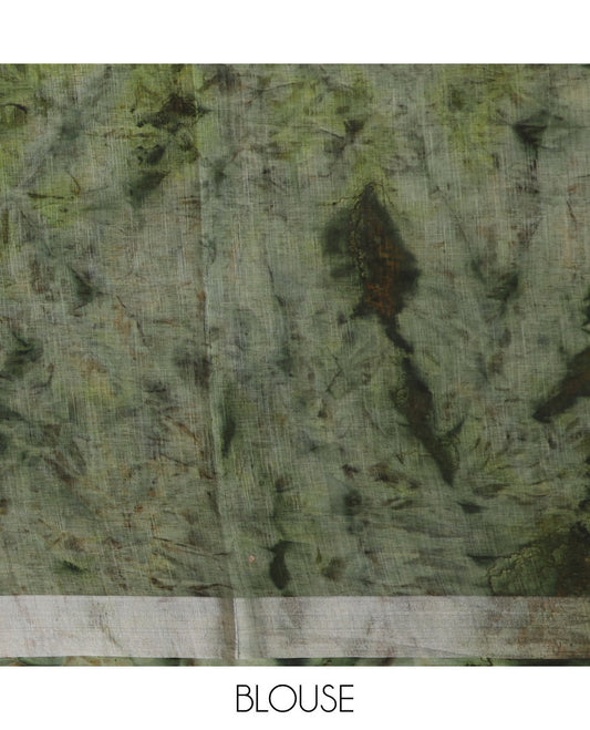 Green shibori printed with unique motifs cotton saree, zari border and intricate pallu