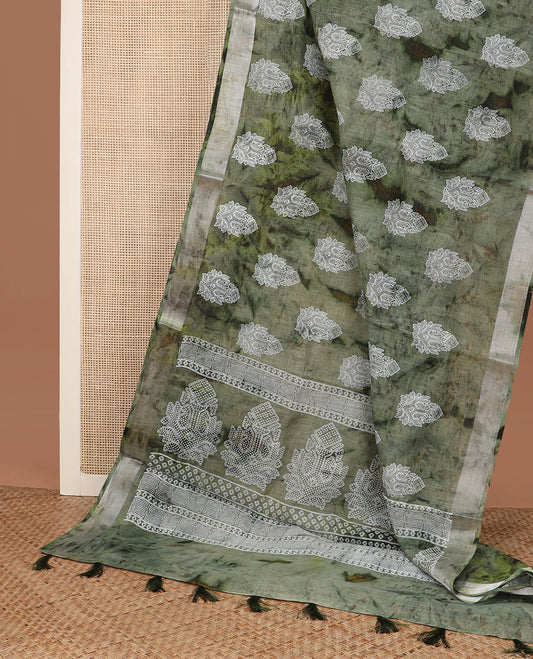 Green shibori printed with unique motifs cotton saree, zari border and intricate pallu