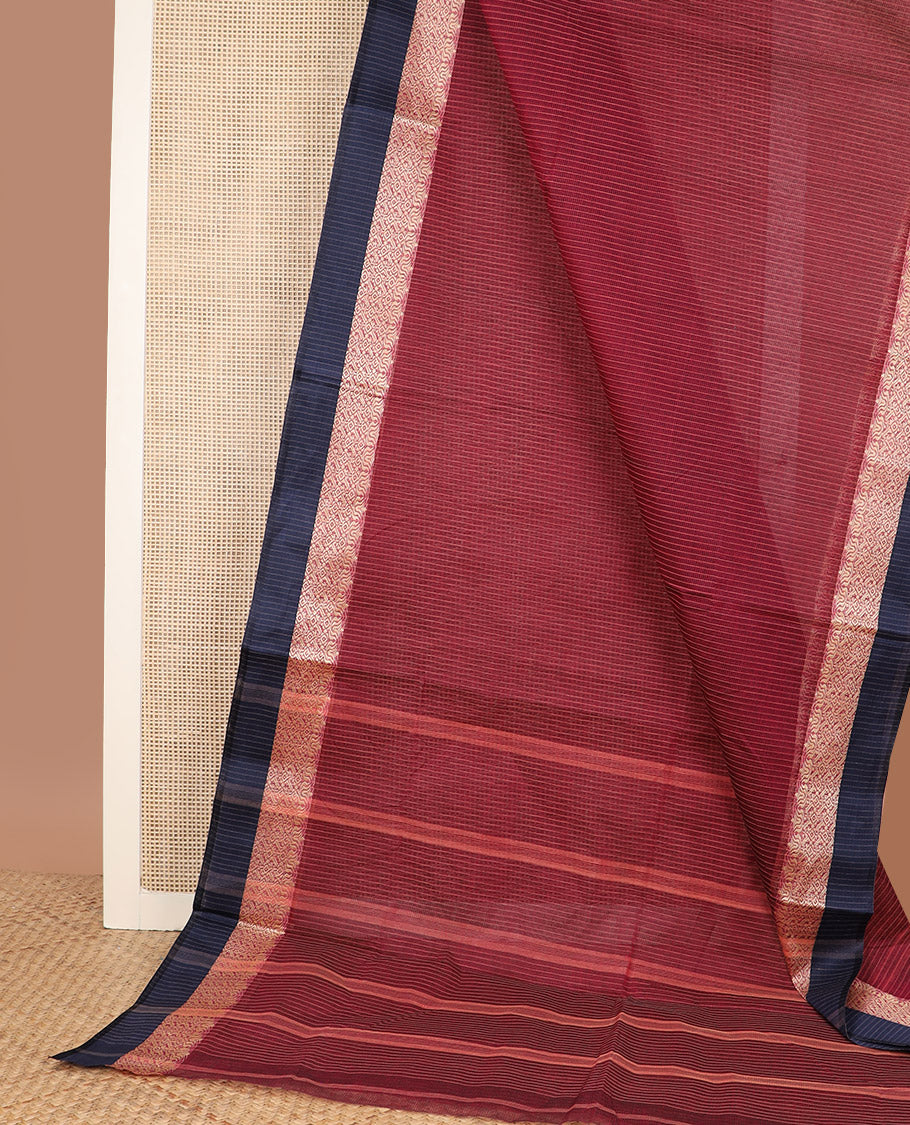 Maroon striped Bengal cotton saree, contrast intricately designed border, and striped pallu