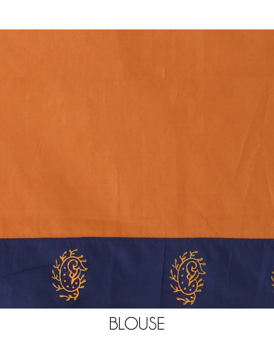 Navy blue block printed buttas poly cotton saree, contrast floral printed border, and pallu of butta enclosed jaal design