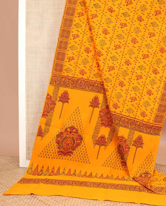 Yellow patola printed sungudi cotton saree, geometric border, and intricately pallu