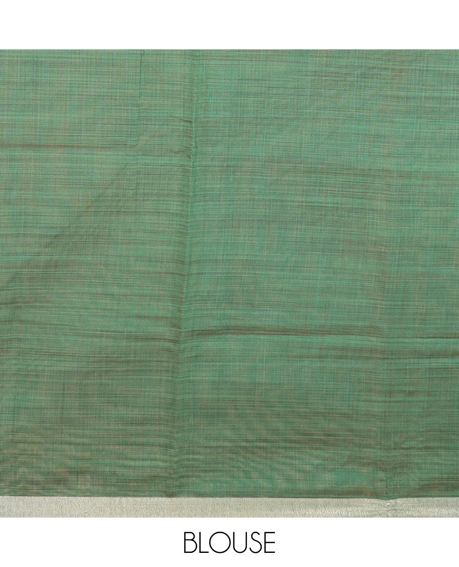 Yellow floral-leaf buttas printed chirala cotton saree, bavanji border, and contrast musical motifs print pallu