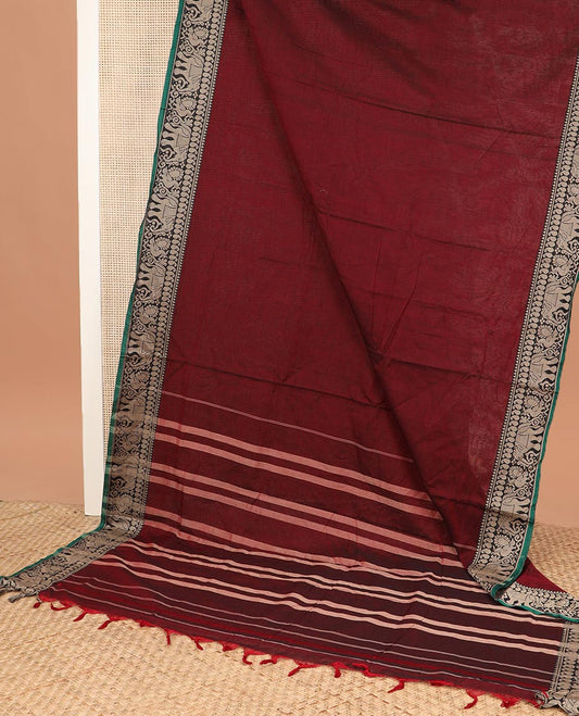 Maroon plain Narayanapet cotton saree, contrast temple traditional border, and striped pallu