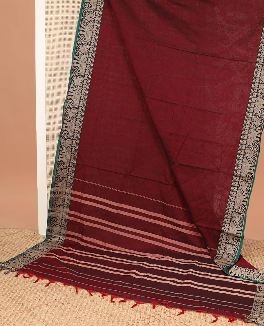 Maroon plain Narayanapet cotton saree, contrast temple traditional border, and striped pallu