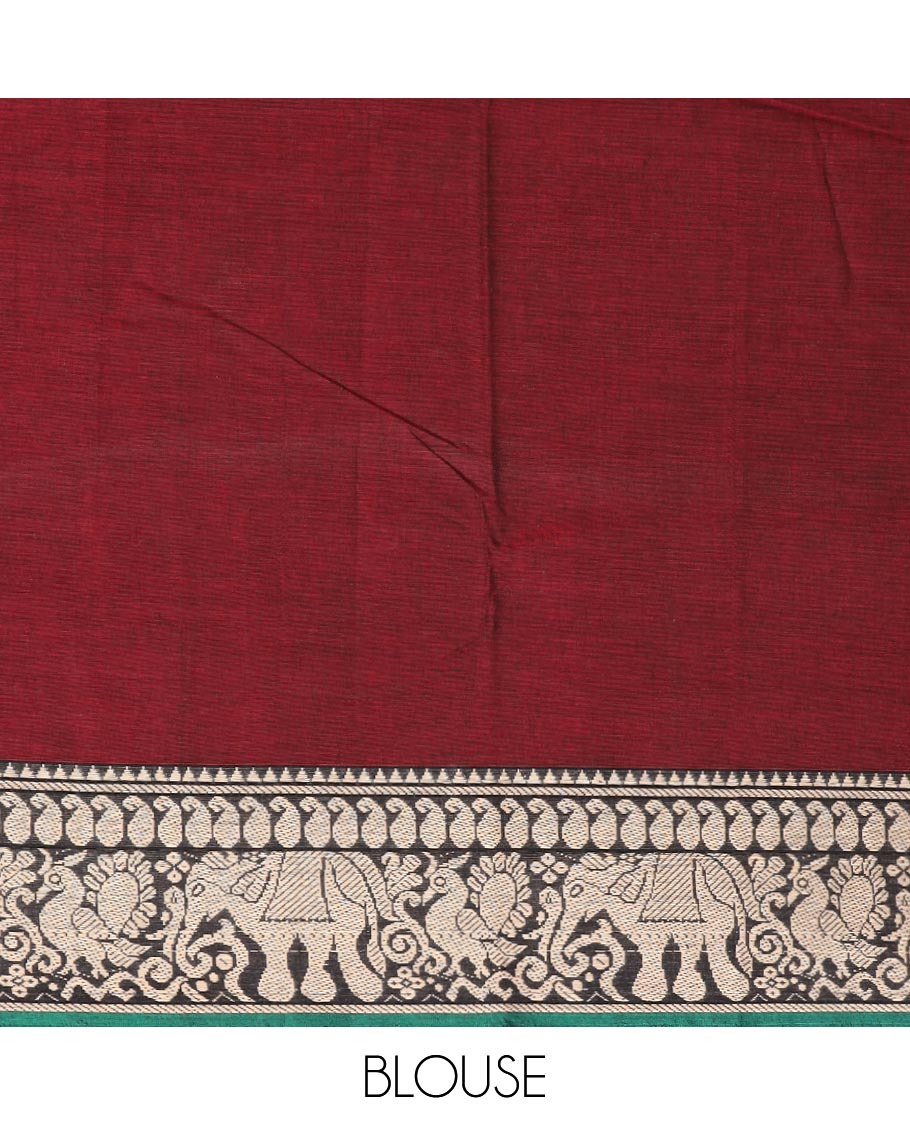 Maroon plain Narayanapet cotton saree, contrast temple traditional border, and striped pallu
