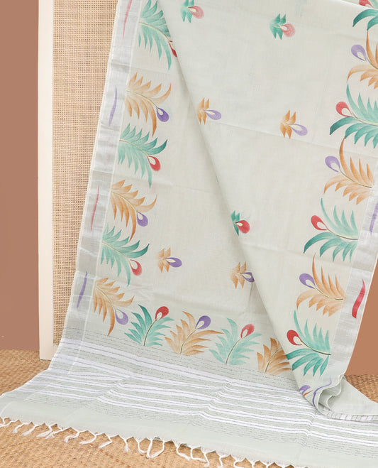 Pastel green hand brushing style colorful floral printed jute cotton saree, zari with printed border, and striped pallu