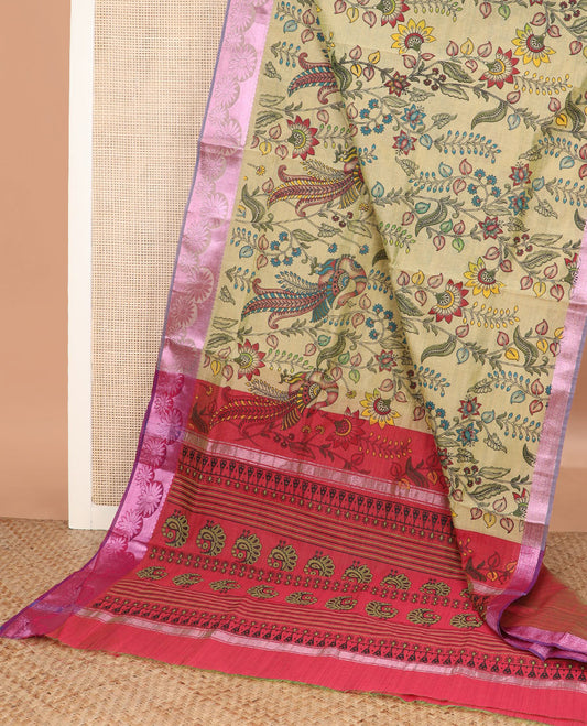 Sandal kalamkari style floral vine and peacock printed Andhra cotton saree, rose copper zari floral design border, and printed pallu