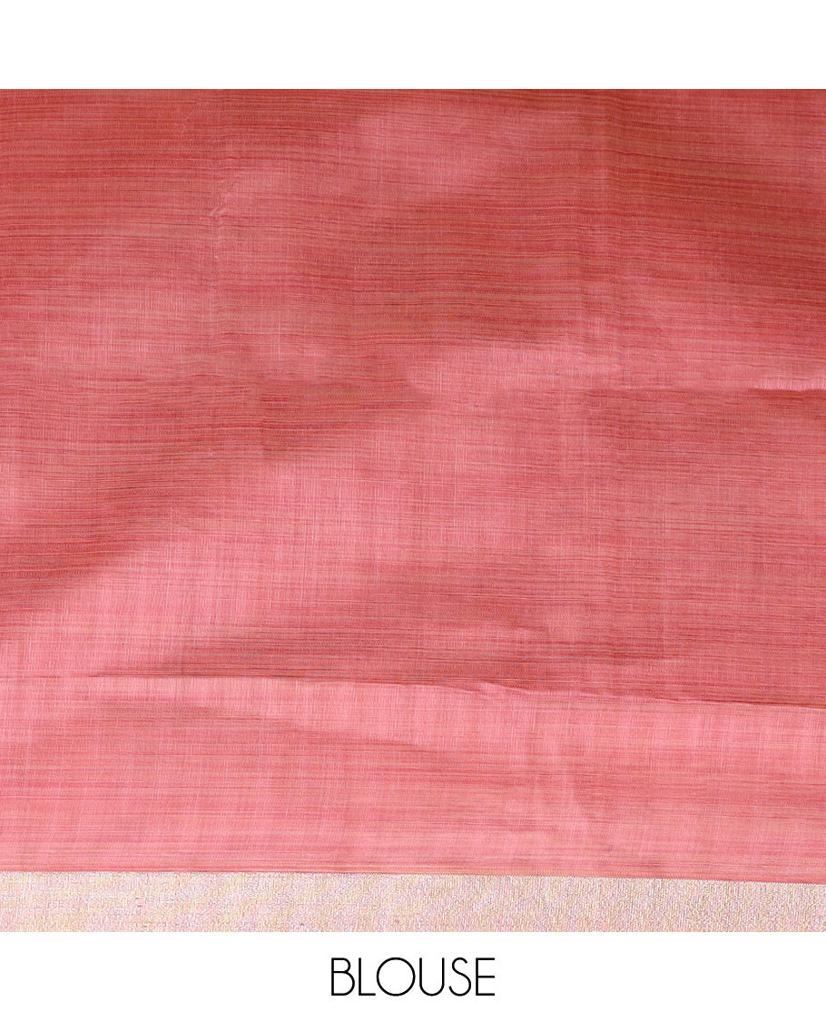 Peach kalamkari floral vine printed Chirala cotton saree, plain border, and contrast floral printed pallu