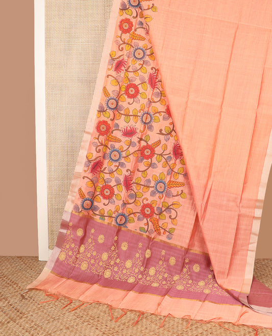 Peach kalamkari floral vine printed Chirala cotton saree, plain border, and contrast floral printed pallu