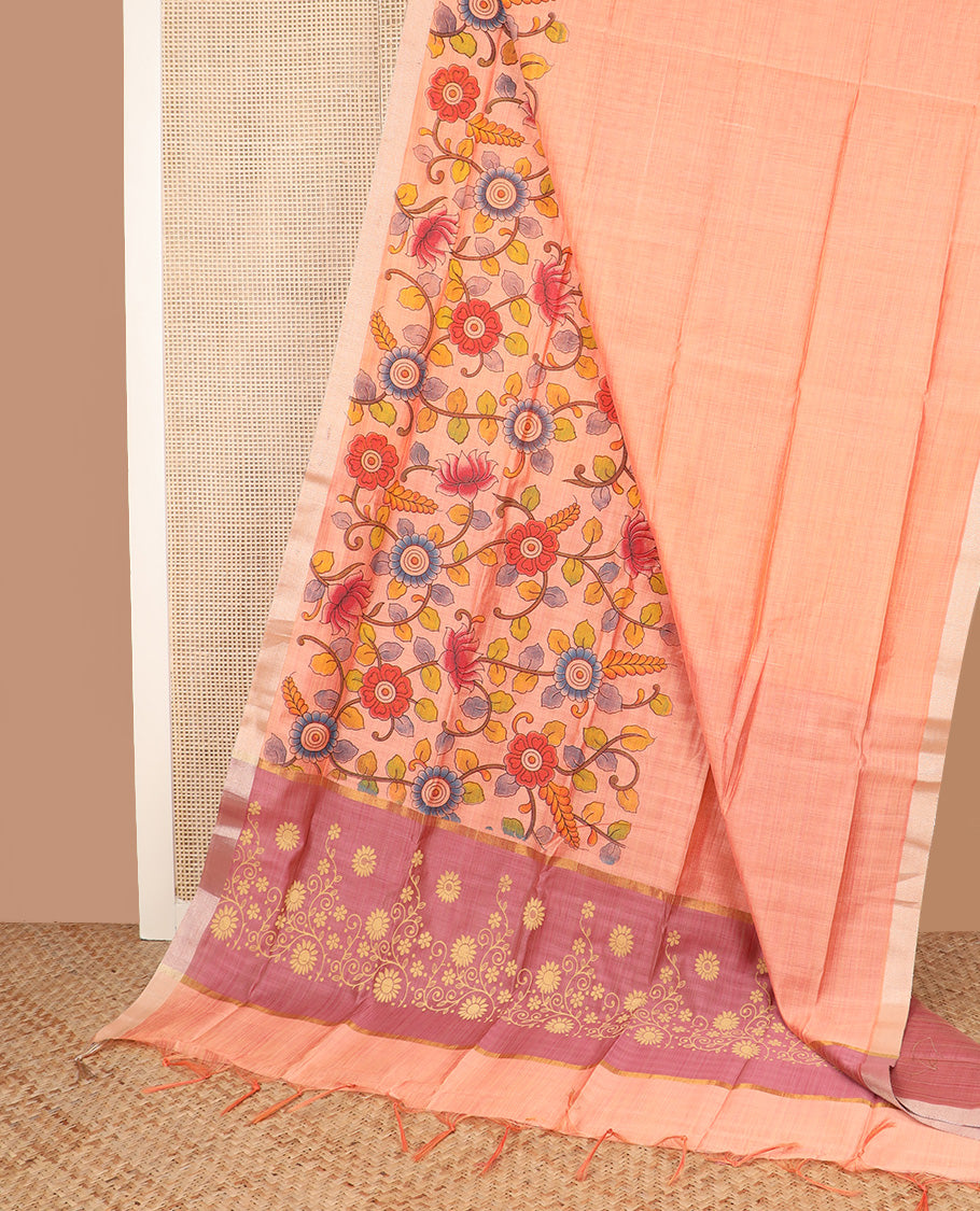Peach kalamkari floral vine printed Chirala cotton saree, plain border, and contrast floral printed pallu