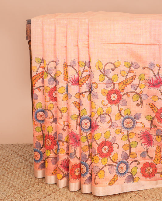Peach kalamkari floral vine printed Chirala cotton saree, plain border, and contrast floral printed pallu