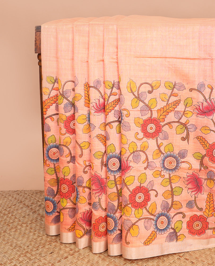 Peach kalamkari floral vine printed Chirala cotton saree, plain border, and contrast floral printed pallu