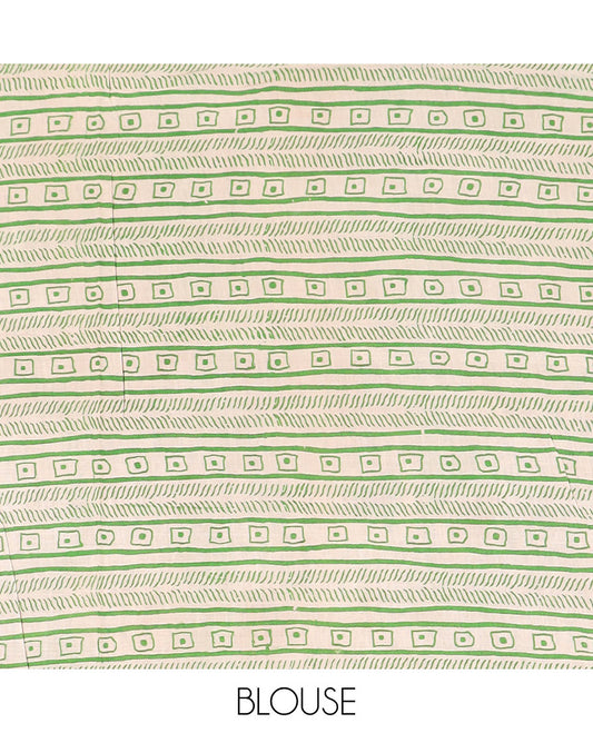 Blue floral machine-printed cotton saree, contrast farming-theme border, and pallu of lotus, floral and peacock print