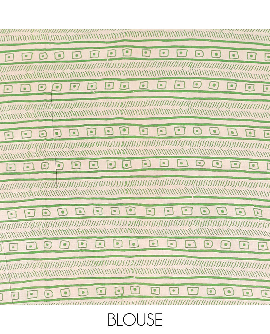 Blue floral machine-printed cotton saree, contrast farming-theme border, and pallu of lotus, floral and peacock print