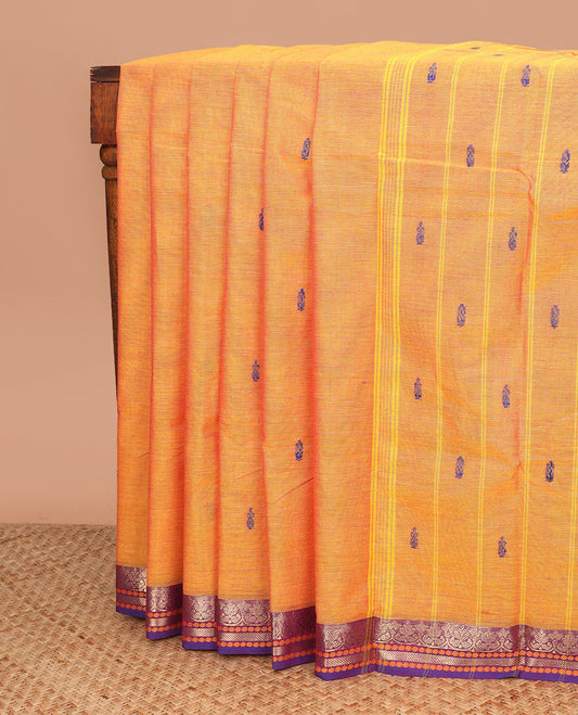 Orange buttas Chettinad cotton saree, contrast traditional design border, and striped pallu