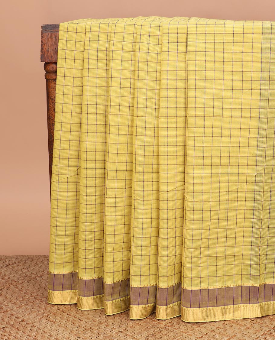 Yellow checked Mangalagiri cotton saree with temple zari border, and striped pallu