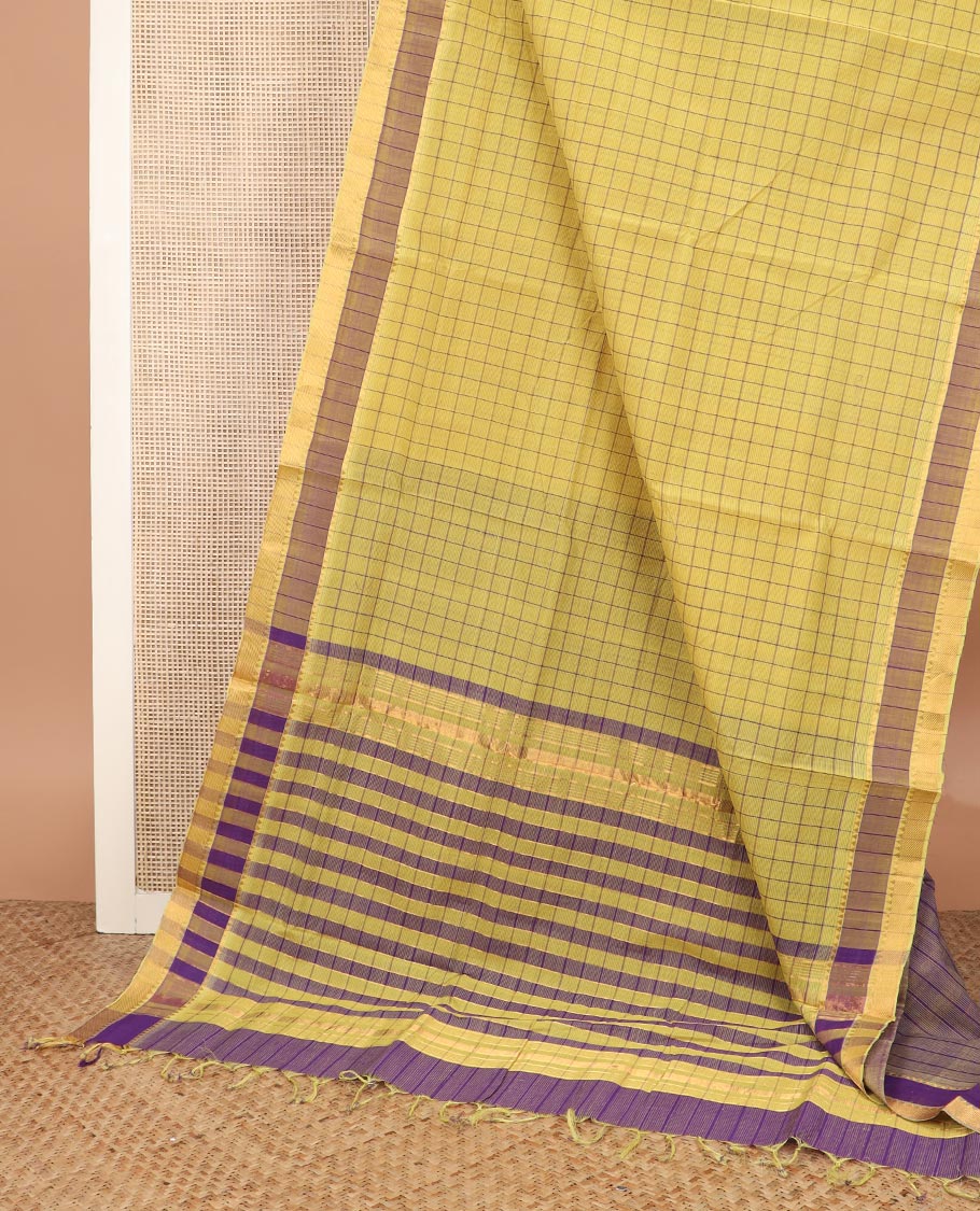 Yellow checked Mangalagiri cotton saree with temple zari border, and striped pallu