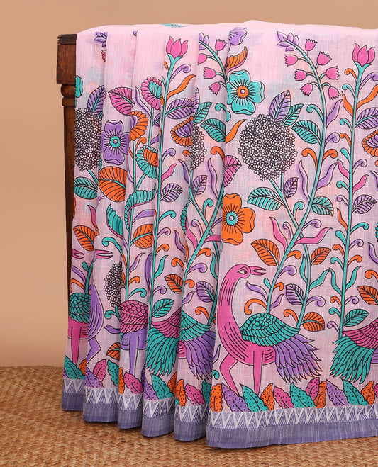 Pink flower and bird motifs printed chirala cotton saree, temple border, and geometric printed pallu