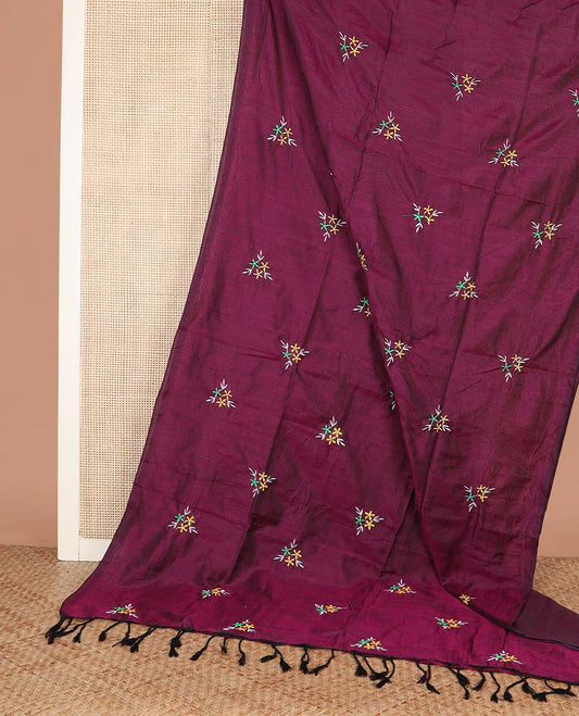 Purple Khadi Cotton Saree Accentuated with Triangle Motifs Embroidery, Pallu Decorated with Triangle Motifs Embroidery, and Paired with a Matching Blouse