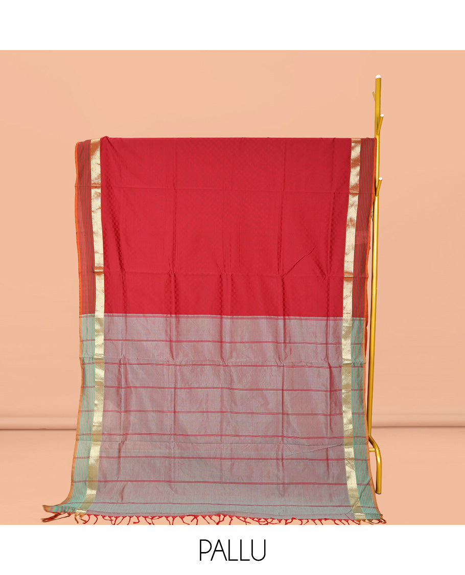 Red Poly Cotton Saree, Sparsely Sparkled with Checks, Complemented by a Contrast Traditional Zari Border, Contrast Striped Pallu, and Paired with a Contrast Blouse