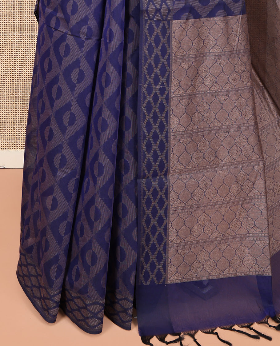 Blue Coimbatore Cotton Saree, Elevated with Geometric Design on Its Body, a Subtle Diamond Border, Pallu of Ogee Patterns, and Paired with Matching Blouse