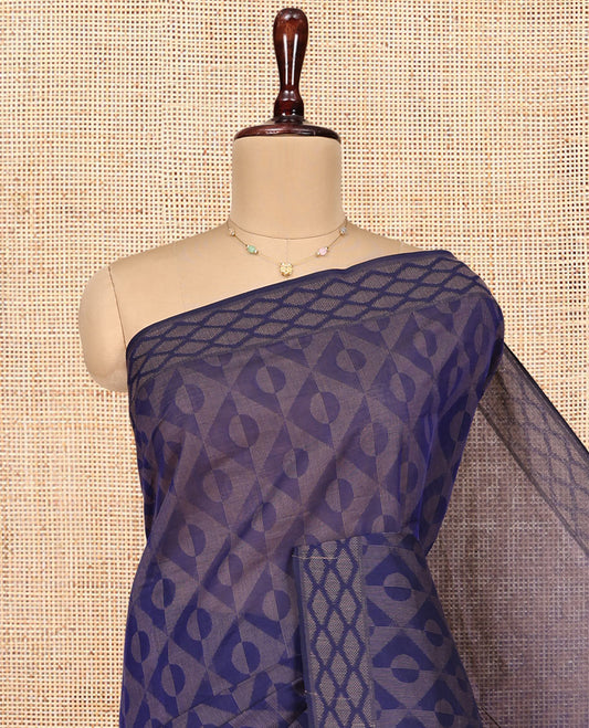 Blue Coimbatore Cotton Saree, Elevated with Geometric Design on Its Body, a Subtle Diamond Border, Pallu of Ogee Patterns, and Paired with Matching Blouse