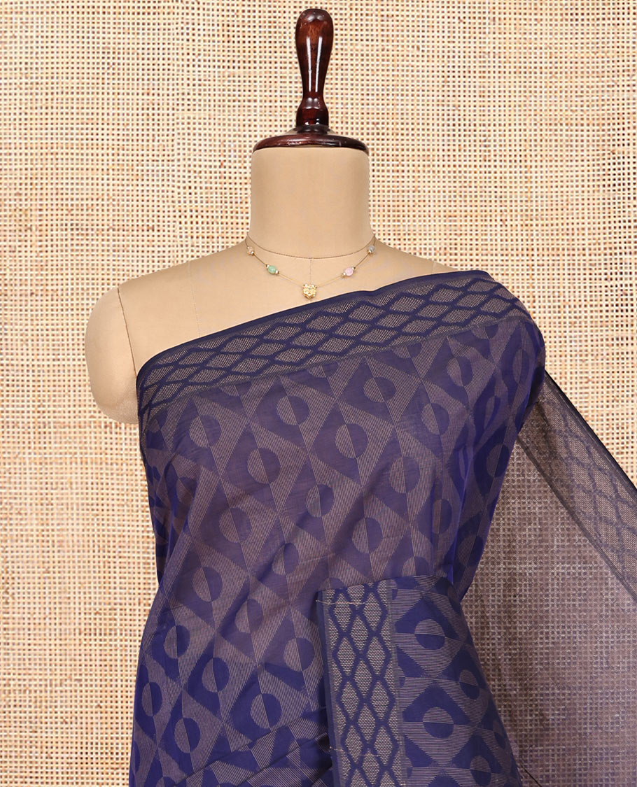 Blue Coimbatore Cotton Saree, Elevated with Geometric Design on Its Body, a Subtle Diamond Border, Pallu of Ogee Patterns, and Paired with Matching Blouse