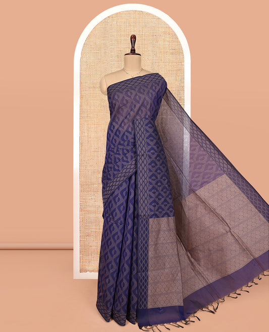 Blue Coimbatore Cotton Saree, Elevated with Geometric Design on Its Body, a Subtle Diamond Border, Pallu of Ogee Patterns, and Paired with Matching Blouse