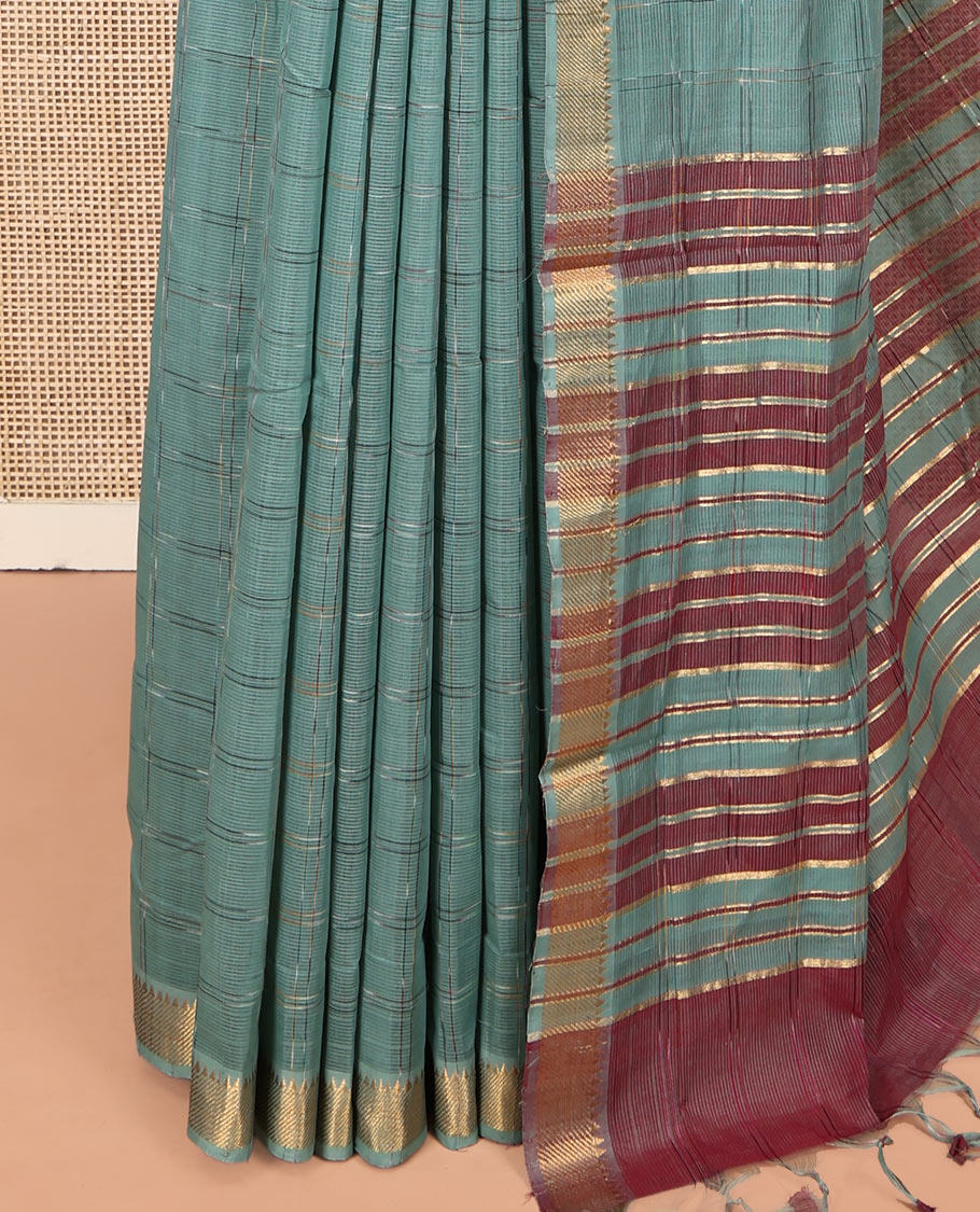 Green Striped Mangalgiri Cotton Saree, Highlighted by Zari Temple Border, Zari-Striped Pallu, and Paired with a Contrast Blouse