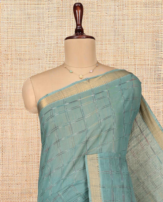 Green Striped Mangalgiri Cotton Saree, Highlighted by Zari Temple Border, Zari-Striped Pallu, and Paired with a Contrast Blouse
