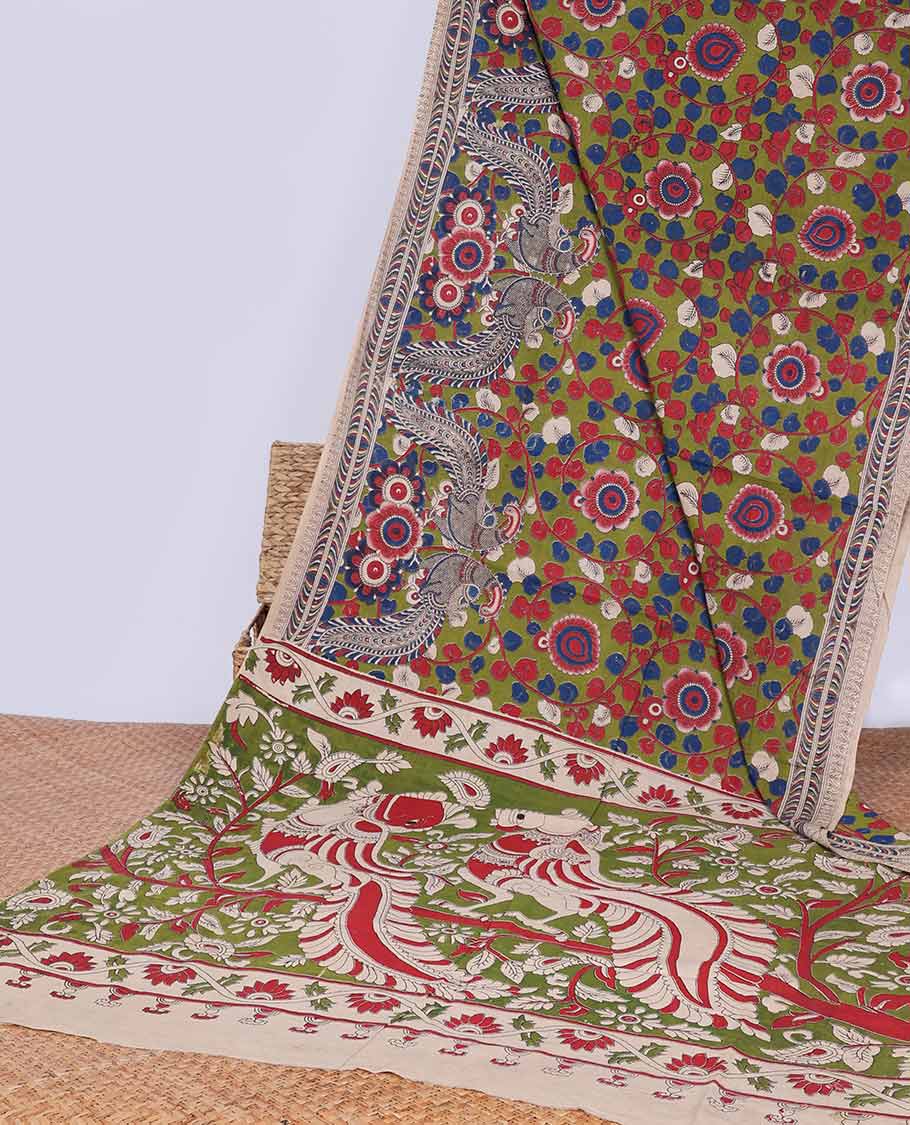 Green floral vine & animal motifs machine printed kalamkari cotton saree with contrast border & animal design pallu