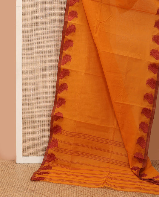 Yellow plain Bengal cotton saree, contrast leaf design border & pallu of stripes