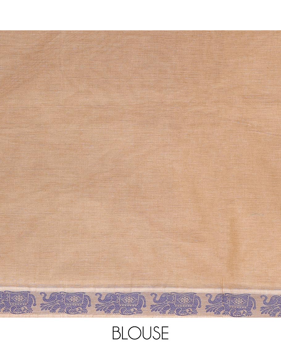 Sandal buttas Kanchi cotton saree, elephant motifs border, and intricate pallu