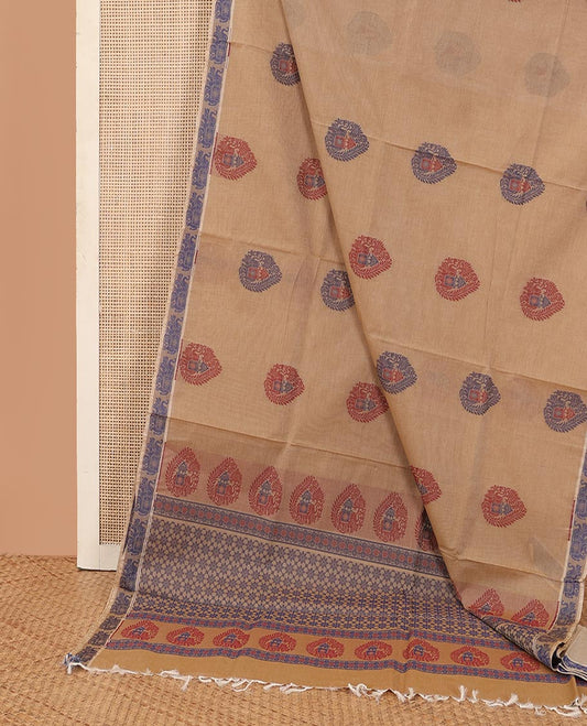 Sandal buttas Kanchi cotton saree, elephant motifs border, and intricate pallu