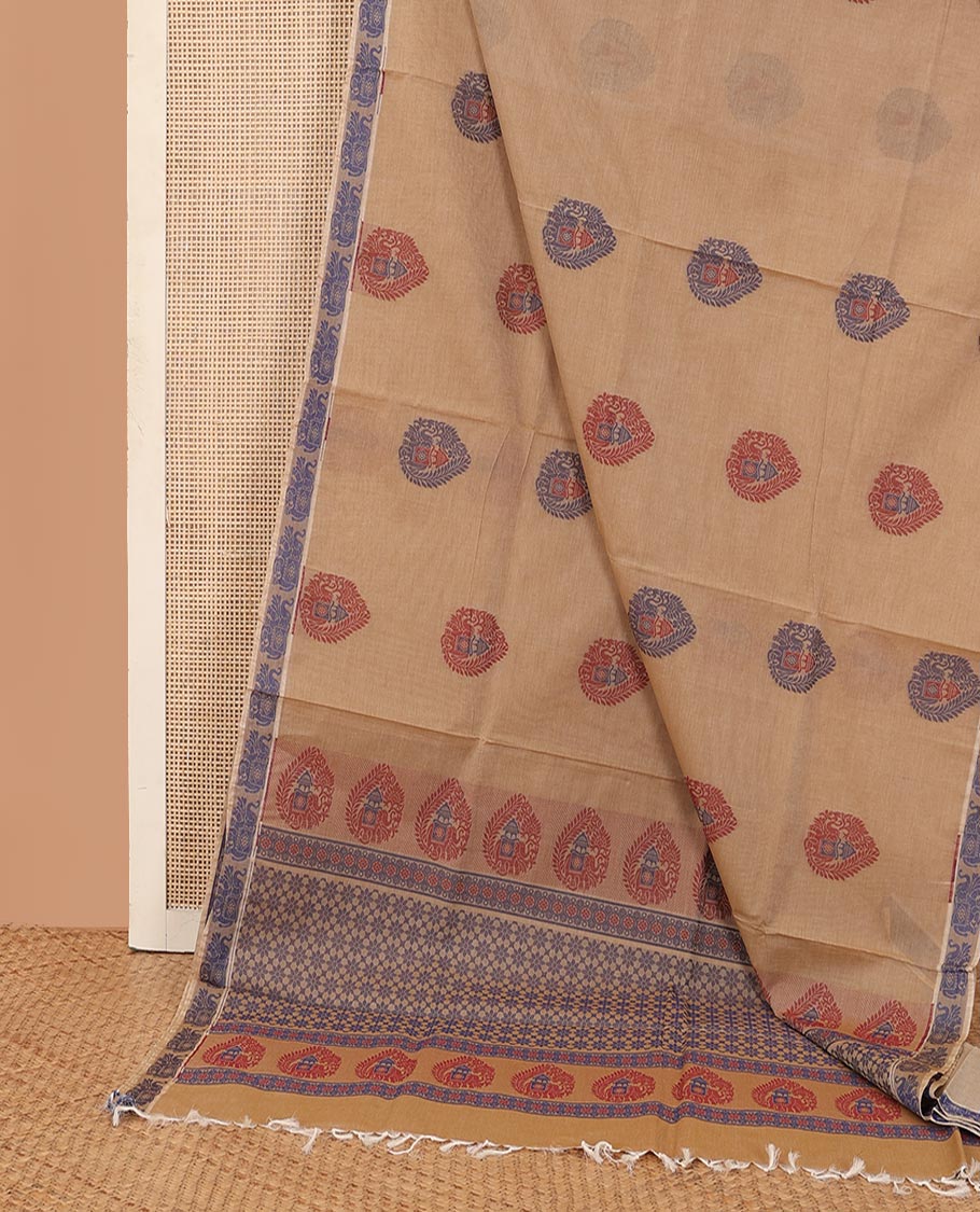 Sandal buttas Kanchi cotton saree, elephant motifs border, and intricate pallu