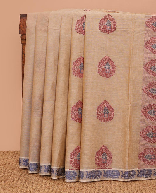 Sandal buttas Kanchi cotton saree, elephant motifs border, and intricate pallu