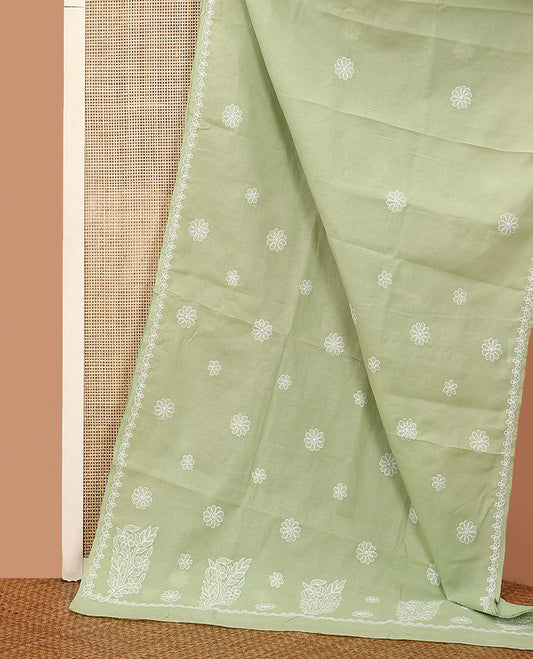 Elaichi green floral thread embroidered buttas Lucknowi chikankari saree, thread embroidered border, and floral embroidered pallu