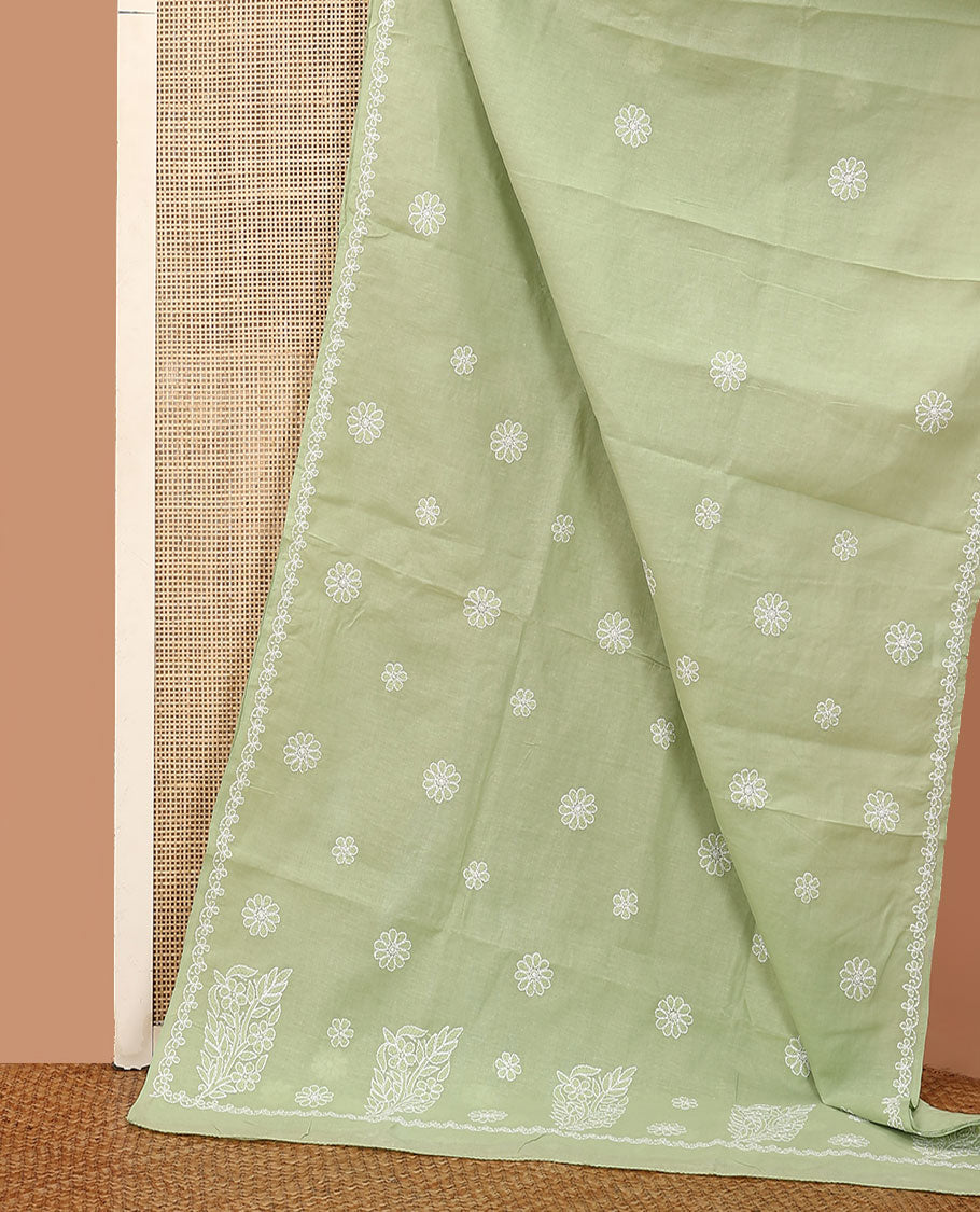 Elaichi green floral thread embroidered buttas Lucknowi chikankari saree, thread embroidered border, and floral embroidered pallu